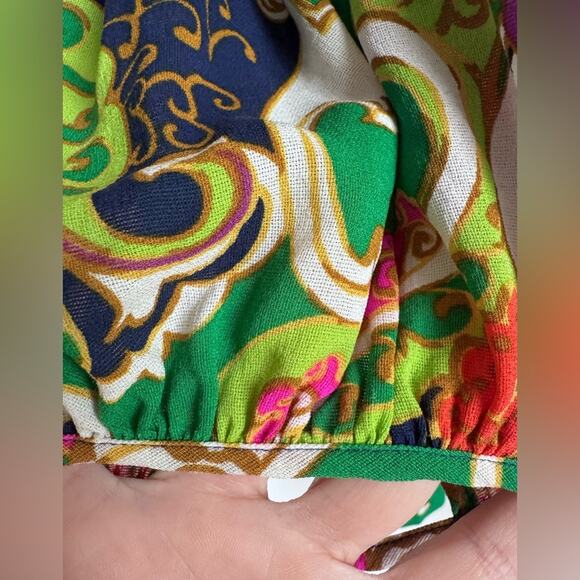 Trina Turk Off Shoulder‎ Silk Blend Small Top Tassel Paisley boho maximalist - Picture 12 of 13